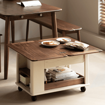 28'' Multifunctional Rectangular Coffee Table with Locking Wheels White Solid Wood